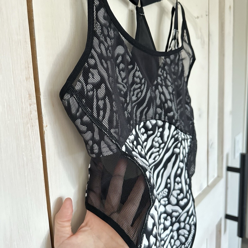 Savage X Fenty Sport Rihanna Animal Print Mesh High Leg Bodysuit Black White S - Picture 6 of 11